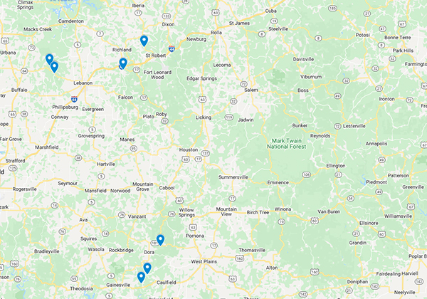 Map of float locations on Gasconade, North Fork and Niangua Rivers.