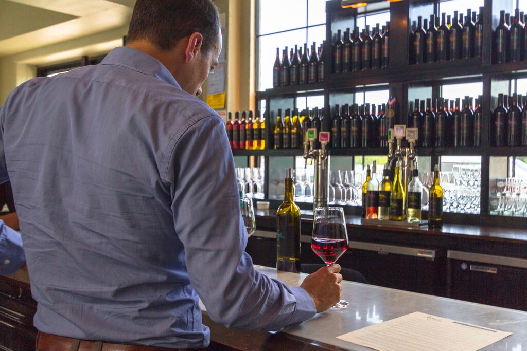 A person stands at counter holding the stem of a wine glass as it sits on the counter. The wine glass is filled with red wine. Shelves lined with wine bottles span the windows in front of the person.